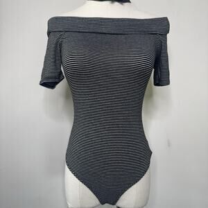 Vintage Y2K GUESS Black Striped Off the Shoulder Bodysuit Top Cleangirl Indie M